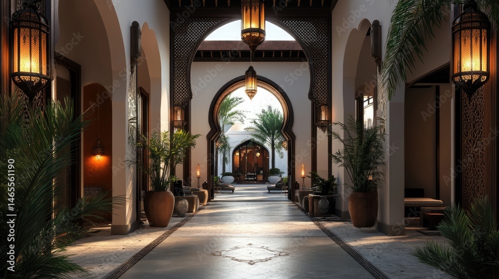 Obraz premium Serene Courtyard: Moroccan Architecture, Ornate Archways, Tranquil Oasis