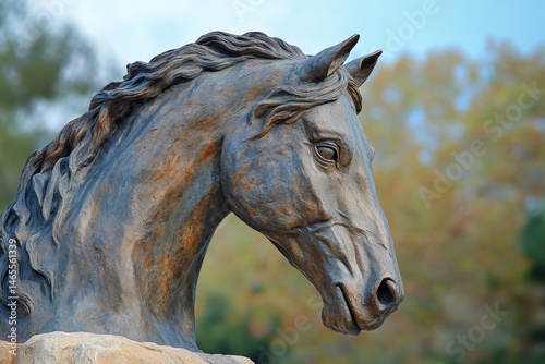 Detailed bronze horse head statue, profile view, outdoors.