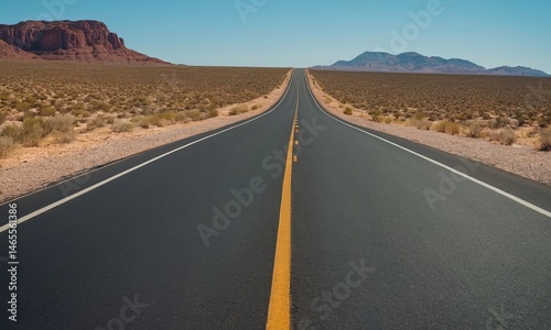 Endless Asphalt Road Through Desolate Desert Landscape Under a Clear Blue Sky