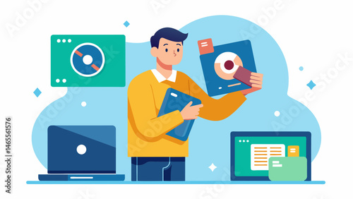 A data recovery spet uses specialized software to scan and recover deleted files from a damaged memory card.. Vector illustration