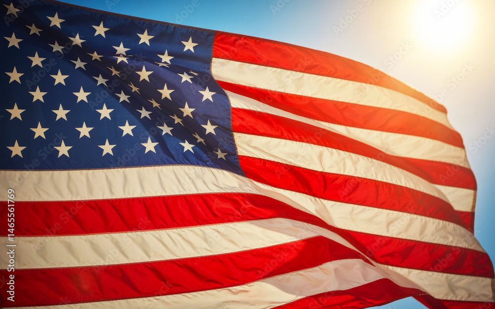 Fototapeta premium American flag waving in the sunlight.