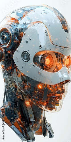 Wallpaper Mural Futuristic humanoid robot head displaying internal machinery and glowing lights against bright studio background, advanced technology Torontodigital.ca