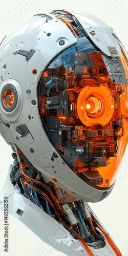 Wallpaper Mural Detailed view shows the inner workings of a futuristic robot head with complex mechanisms and an illuminating orange light source. Torontodigital.ca