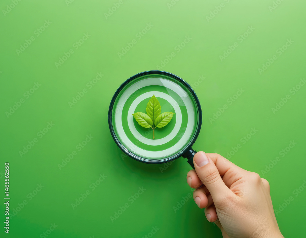 Analyzing Green Leaf with Magnifying Glass for Environmental Focus