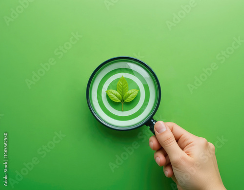 Obraz na płótnie Analyzing Green Leaf with Magnifying Glass for Environmental Focus w salonie