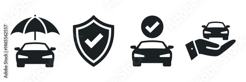 Car Insurance Protection Icons Set Umbrella Shield Checkmark Hand