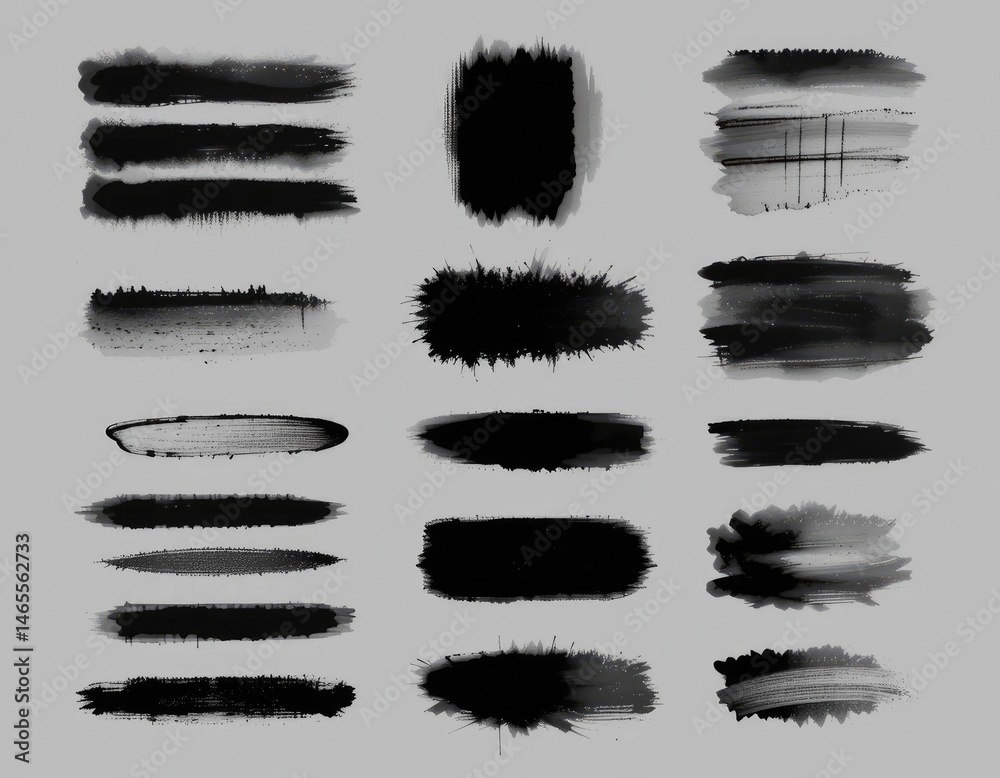 Black Brush Stroke Collection Set on Isolated Background for Artistic Design