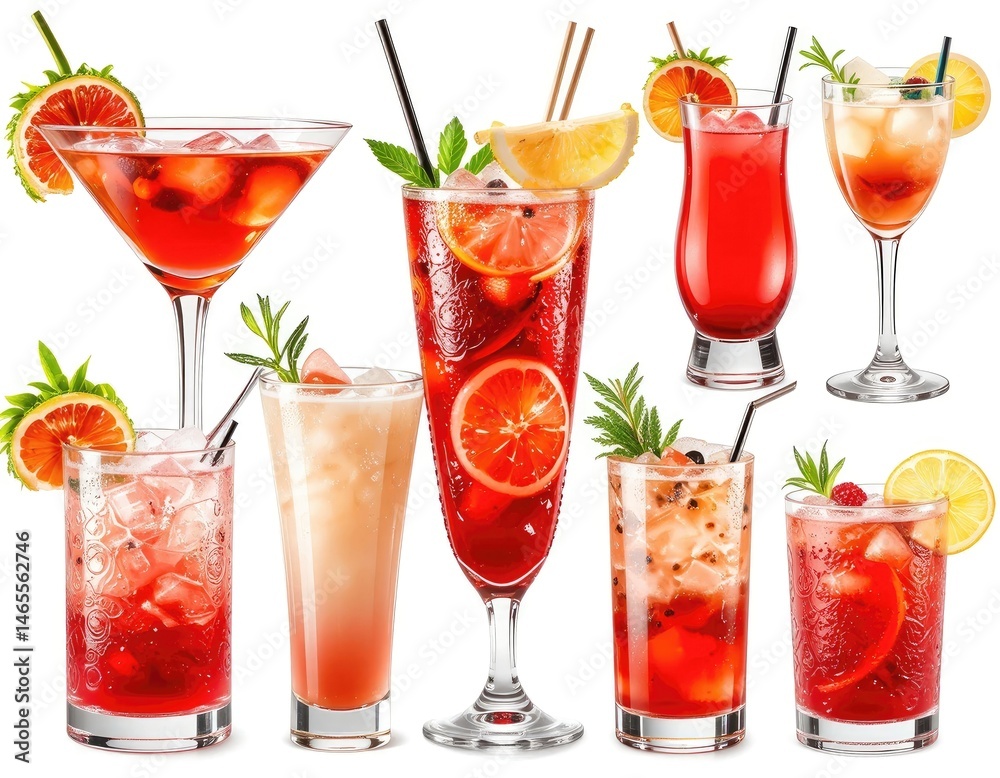 Assorted Fruity Cocktails in Glasses on White Background for Refreshment