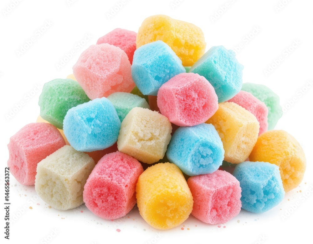 Colorful Cube Candies Pile on White Background Sweet Treat Concept