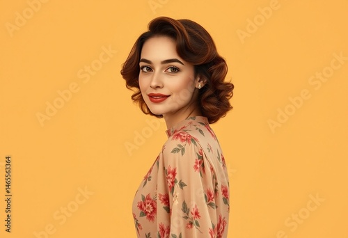 Retro female portrait with flowy dress and curly hair