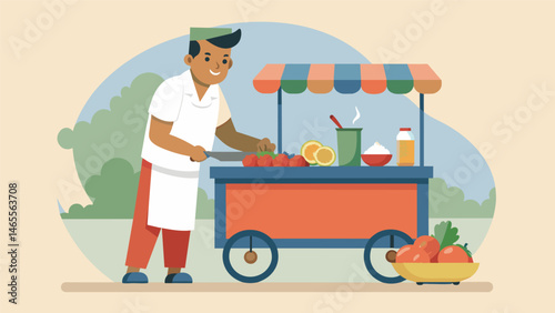A friendly vendor behind the ceviche cart expertly filleting plump fresh shrimp and tossing them with diced tomatoes onions and lime juice.. Vector illustration