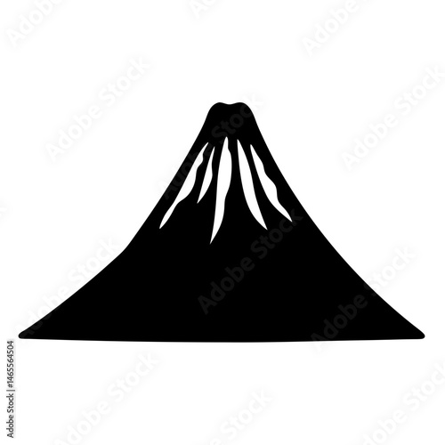 Minimalist black silhouette of mountain resembling Mount Fuji with rocky details
