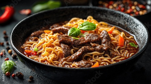 Delicious spicy beef noodle soup in a black bowl with fresh basil garnish and colorful vegetables for a flavorful Asian-inspired meal presentation