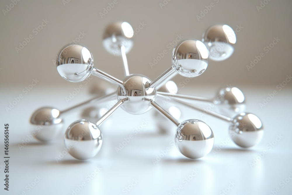 Obraz premium A chrome molecular model, showcasing interconnected spheres and rods, representing atomic structure.