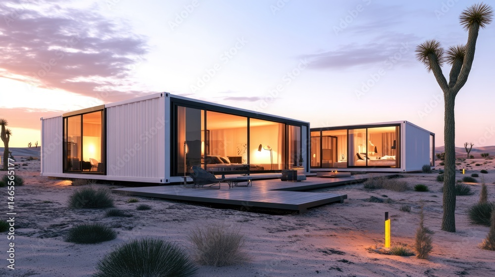Obraz premium Modern Desert Container Home at Sunset, Minimalist Architecture