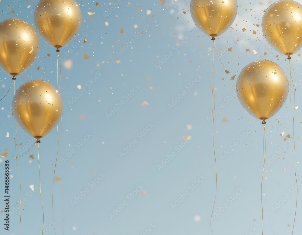 Golden Balloons Floating in Light Blue Sky with Confetti Background
