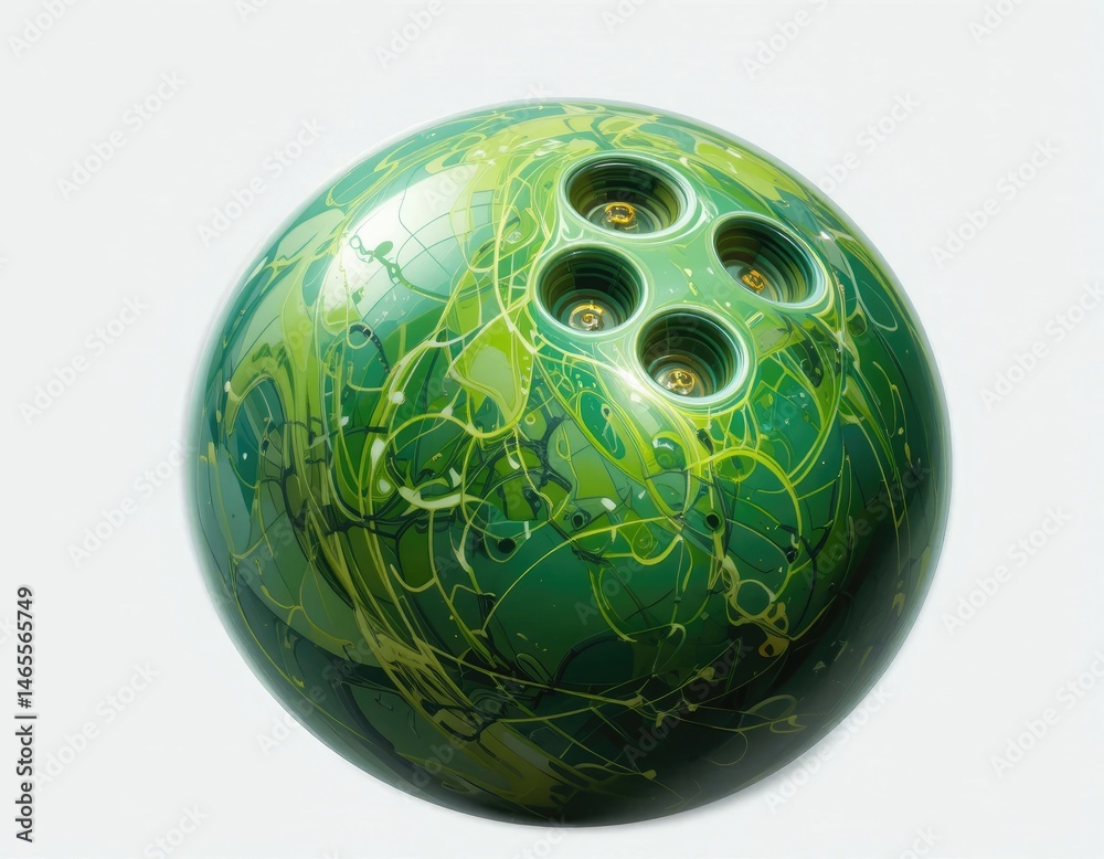 Green Bowling Ball Close-up with Abstract Design and Finger Holes
