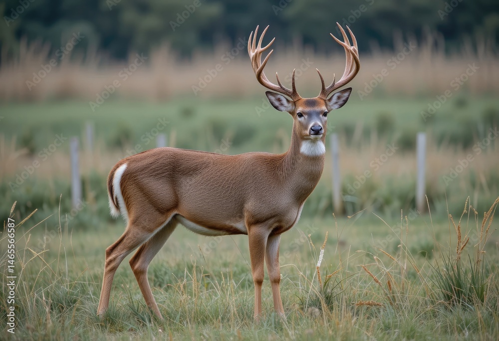 Majestic Buck Standing Tall in Grassy Field with Impressive Antlers