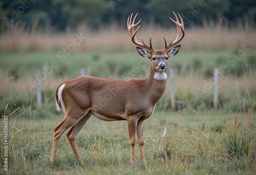 Obraz na płótnie Majestic Buck Standing Tall in Grassy Field with Impressive Antlers w salonie