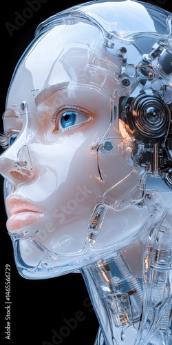 Wallpaper Mural Detailed profile view of a futuristic android woman encased in transparent material, showcasing intricate mechanical components inside. Torontodigital.ca