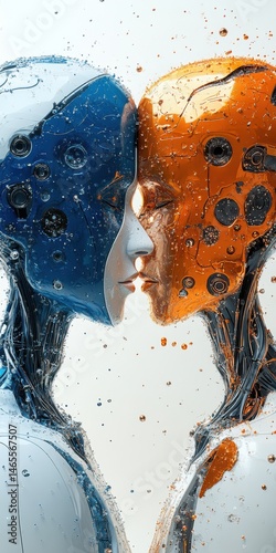 Wallpaper Mural Robotic Figures with Interfacing Facial Structures in Blue and Orange Displaying Technological Harmony and Connectivity Torontodigital.ca
