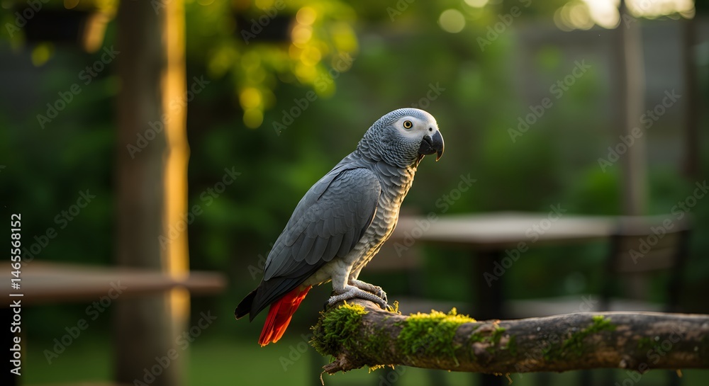 Obraz premium A gray parrot with red tail feathers perched on a mossy branch in a blurred green outdoor setting