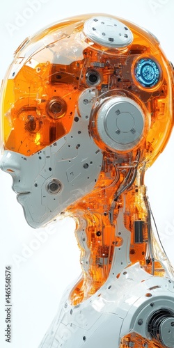 Wallpaper Mural Side profile of a futuristic humanoid robot, showcasing intricate internal components encased in transparent orange material. Torontodigital.ca