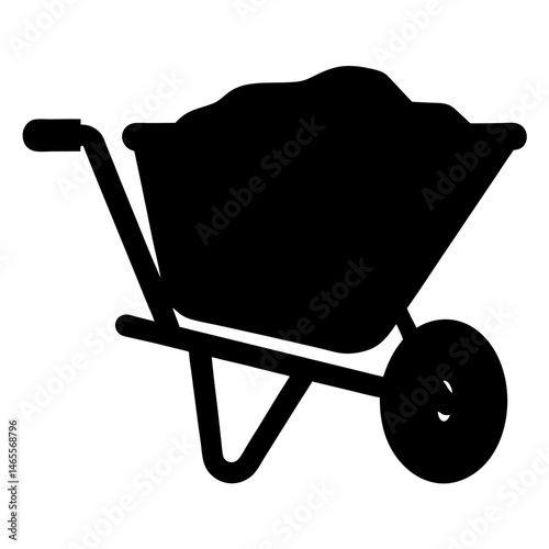 Black silhouette of a wheelbarrow filled with dirt or soil materials