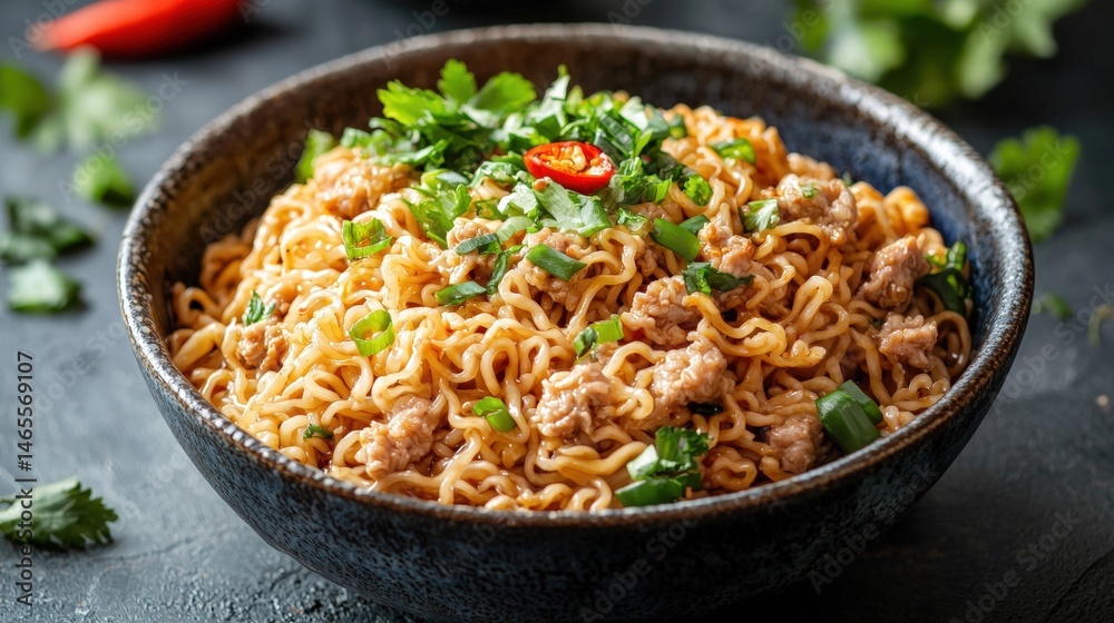 Close-up of a flavorful bowl of cooked instant ramen noodles garnished with chopped green onions and red chili slices in a rustic black bowl on a dark surface Close-up of a flavorful bowl of cooked instant ramen noodles garnished with chopped green onions and red chili slices in a rustic black bowl on a dark surface