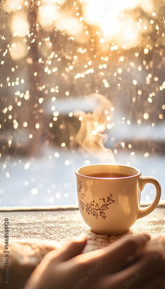 Warm cup of tea by window in winter scene