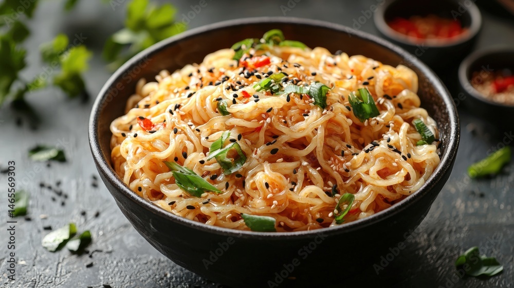 Delicious bowl of spicy instant ramen noodles with green onions sesame seeds and chili flakes served in a black bowl on dark textured background Delicious bowl of spicy instant ramen noodles with green onions sesame seeds and chili flakes served in a black bowl on dark textured background