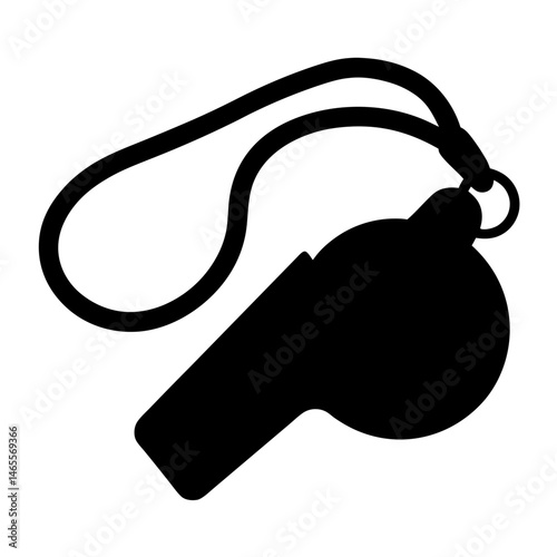 Black silhouette of a referee's whistle with a lanyard on a white background