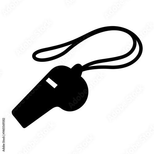 Black silhouette of a referee whistle with lanyard on white background