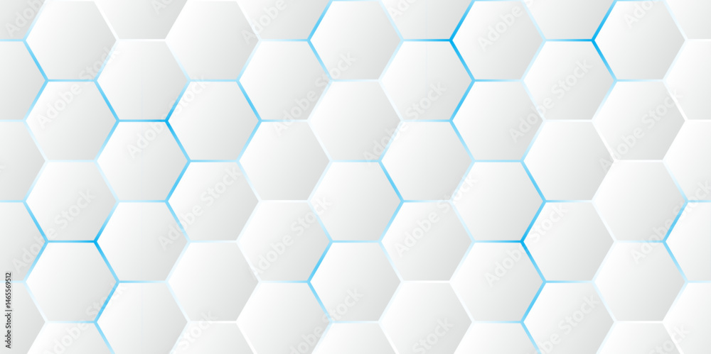 Fototapeta premium Abstract Hexagon white background, blue light and shadow. Abstract background design with white hexagon and blue light. Abstract. Hexagon. Vector.