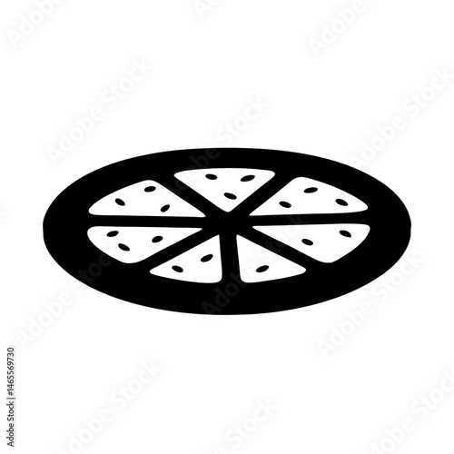 A stylized black and white citrus fruit cut into triangular segments