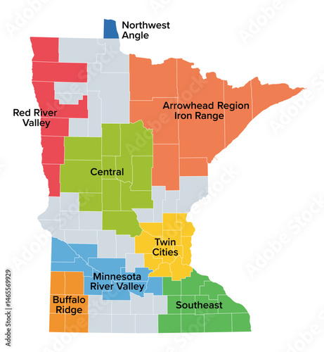 Regions of Minnesota, state in the Upper Midwest of the USA. Arrowhead Region or Iron Range, Buffalo Ridge, Central, Minnesota River Valley, Northwest Angle, Red River Valley, Southeast, Twin Cities.