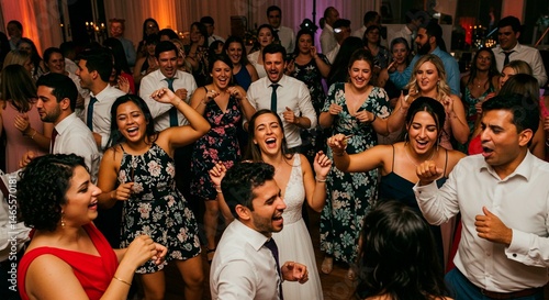 Black and white shot of a wedding party dancing together in a bright white room with a happy atmosphere