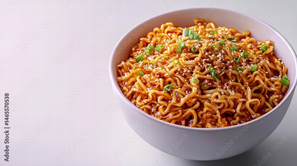 Close-up of a white bowl filled with steaming hot spicy instant ramen noodles topped with chopped green onions on a white background Close-up of a white bowl filled with steaming hot spicy instant ramen noodles topped with chopped green onions on a white background