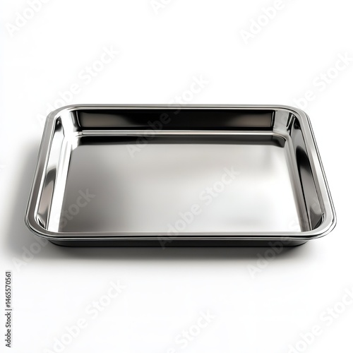 A shiny rectangular stainless steel baking pan on a white surface with rounded edges and a small lip