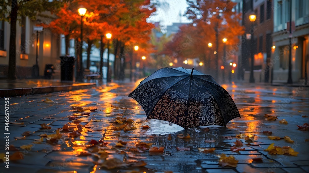 realistic photo of umbrella on wet city street autumn