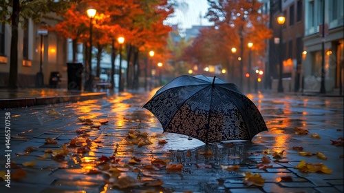 Obraz na płótnie realistic photo of umbrella on wet city street autumn w salonie