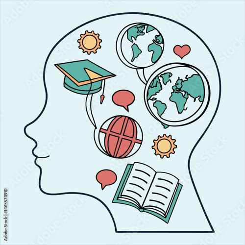 Colorful illustration symbolizing global education with globe, books, students, and cultural learning icons ideal for academic and international education content.