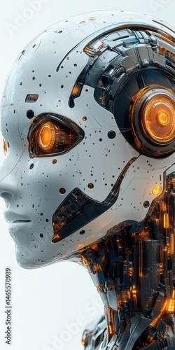 Wallpaper Mural Cyborg android head with complex inner workings, glowing orange eyes, artificial skin, robotic components, and futuristic tech Torontodigital.ca
