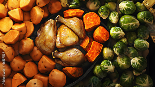 a realistic photo of roasted chicken thighs, sweet potatoes, and Brussels sprouts in one pan with a golden caramelized finish for fall season