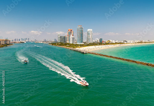 Aerial view of Miami marina. Miami skyline with marina and yacht.