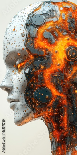 Wallpaper Mural Detailed Profile View of Robot Head with Glowing Orange Internal Circuitry and Futuristic Appearance, Metallic Texture and Advanced Technology Torontodigital.ca