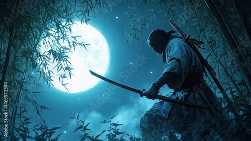 A ninja stealthily holding a black katana in a moonlit bamboo forest  photo
