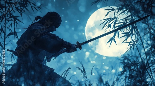 A ninja stealthily holding a black katana in a moonlit bamboo forest  photo