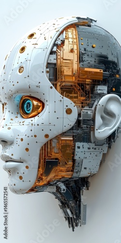 Wallpaper Mural Detailed close up of a humanoid robotic head showcasing internal circuitry and mechanical components against a plain background Torontodigital.ca