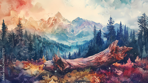 Fallen giant a watercolor painting of a decaying log in a vibrant forest backed by mountains. [Celestial Ruins] | Meteoric Ruins | fallen giant. Illustration